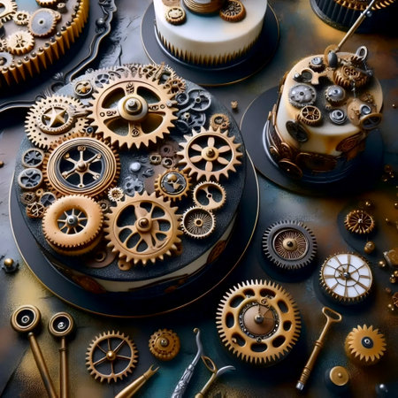 Steampunk-inspired dessert art featuring gear-shaped cookies and metallic-dusted cakes, Ai created imageの写真素材