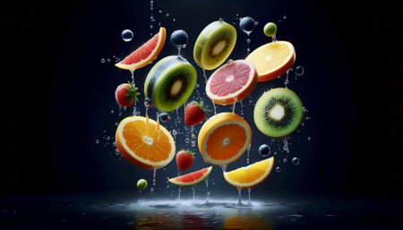 Surreal floating fruit slices with water droplets suspended in mid-air against dark background, Ai created imageの写真素材