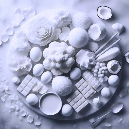 Monochromatic food art composition using only white ingredients cauliflower, coconut, white...