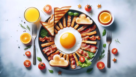 Breakfast food art with sunny-side up egg as sun, bacon rays and toast clouds, Ai created imageの写真素材