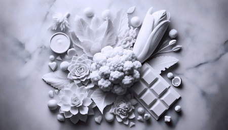 Monochromatic food art composition using only white ingredients cauliflower, coconut, white chocolate, Ai created imageの写真素材