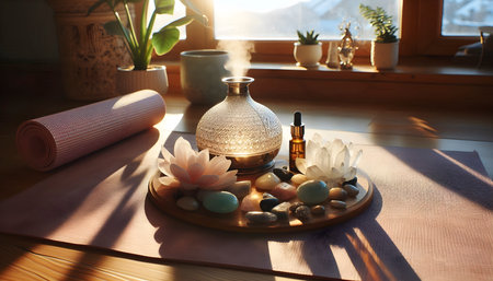 Yoga mat with essential oil diffuser and crystal stones, Ai created image