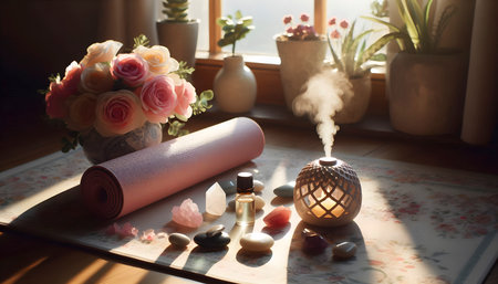 Yoga mat with essential oil diffuser and crystal stones, Ai created image