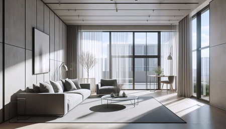 A spacious modern living room with neutral tones, a sleek gray sofa, a minimalist coffee table, and...