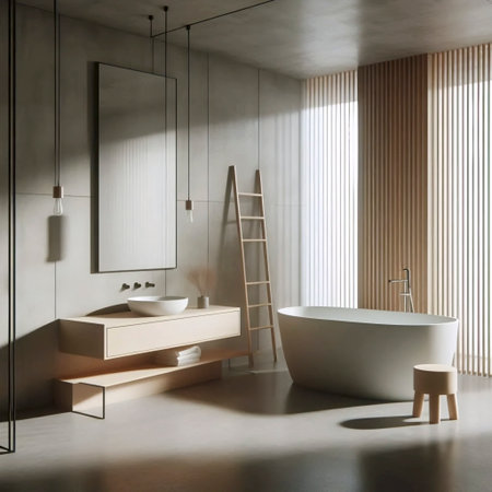 A spa-like minimalist bathroom with a freestanding bathtub, concrete walls, a floating vanity, and a...