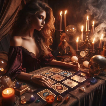 A woman with long, flowing hair lays out tarot cards on a wooden table covered in a velvet cloth, Ai...