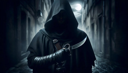 A hooded figure in a dark cloak, face hidden, holding a curved dagger, Ai created imageの写真素材