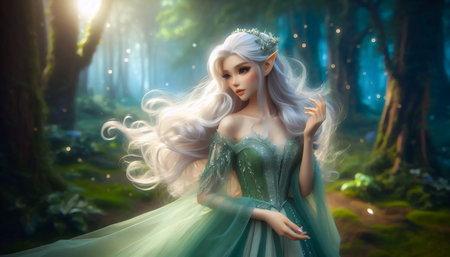 A delicate elven princess with silver hair and a flowing emerald gown, standing in an enchanted...