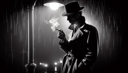 A 1940s style detective in a trench coat, smoking a cigarette under a streetlamp in the rain, Ai...