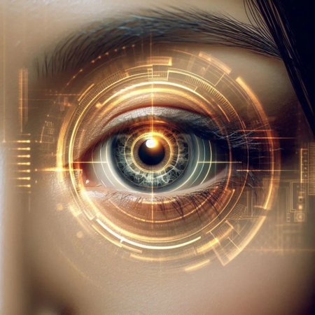Close-up of a human eye aligning with a circular iris recognition device, Ai created image