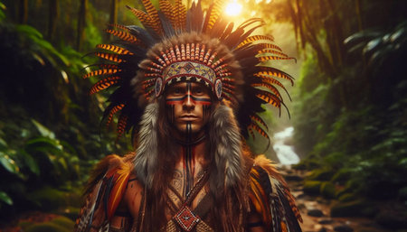 An Indigenous warrior with face paint and feathered headdress, standing proudly in a lush...