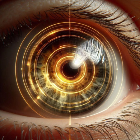 Close-up of a human eye aligning with a circular iris recognition device, Ai created imageの写真素材