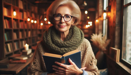 A kind elderly woman with glasses and a knitted shawl, holding a book in a cozy wooden bookstore, Ai created imageの写真素材