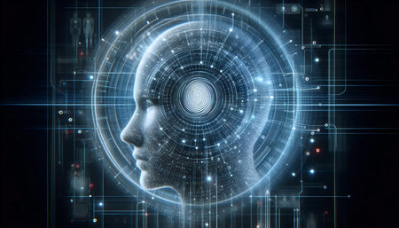 A translucent  hologram of a human head rotating with floating biometric data points, Ai created...