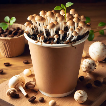 Coffee cup grown from mycelium with biodegradable liner, Ai created image