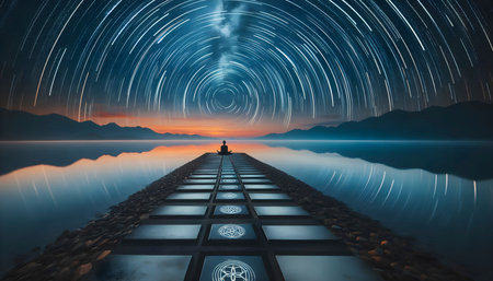 Time-lapse concept of star trails above deserted yoga platform, Ai created image