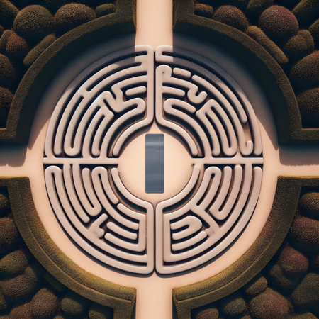 Aerial view of circular stone labyrinth with yoga mat at center, Ai created image