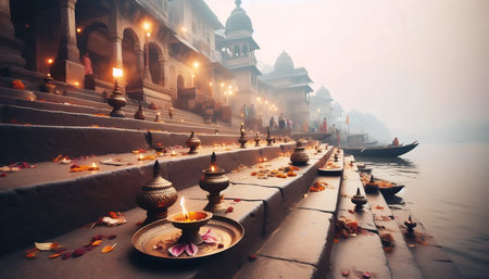 Ancient stone steps of Dashashwamedh Ghat leading to the Ganges River, Ai generated imageの写真素材