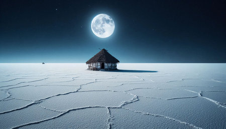 Endless white salt flats under a full moon in Gujarat, Ai generated image