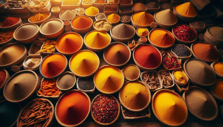 Overhead view of vibrant pyramids of turmeric, chili, and cumin in a traditional Indian spice...