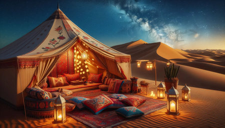 Luxury tent camp in the Thar Desert with embroidered textiles and lanterns, Ai generated imageの写真素材