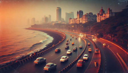 Faded 1970s postcard of Mumbais Marine Drive at dusk, vintage cars on curved boulevard, Ai generated...