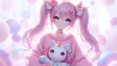 A cute anime-style girl with pink twin tails, oversized sweater, and a pastel unicorn plushie, Ai...