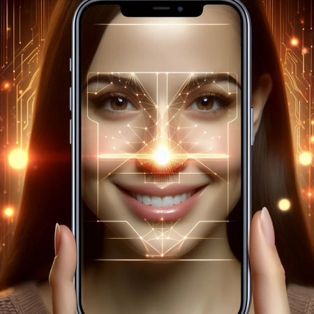 An smart phone-style screen animating facial recognition waves across a smiling womans face, Ai...