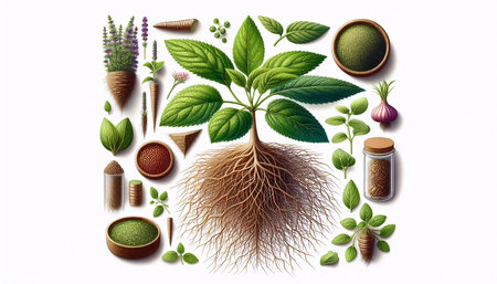Scientific illustration-style Ayurvedic herbs, Ai generated image
