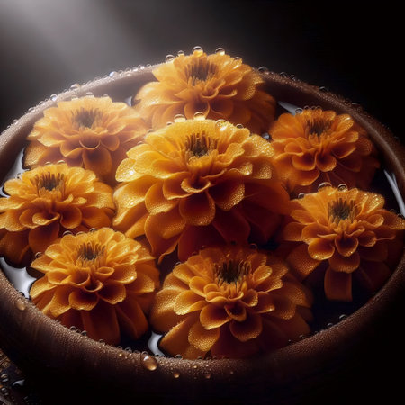 Macro shot of temple flower offering - individual marigold petals with morning dew, Ai generated...