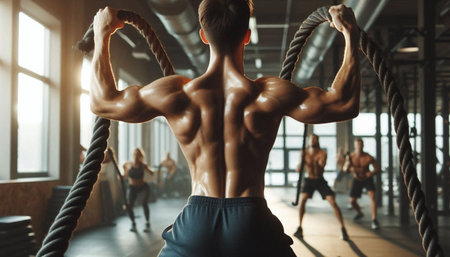 Back view of shirtless man creating waves with heavy ropes, Ai generated image