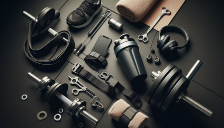Artistic flat lay of workout gear, Ai generated image