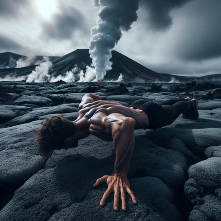 Forearm plank position on volcanic rock field with steaming geothermal vents, Ai generated image