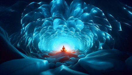 Glowing blue ice cave interior with lone figure in seated meditation, Ai generated image