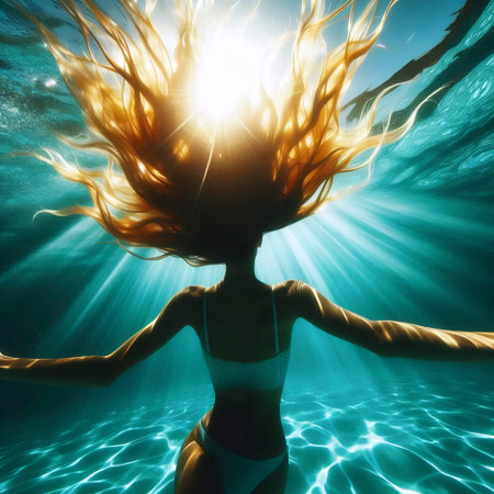 A woman floats in a pool, Ai generated image
