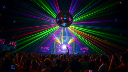 Night club scene with a single giant disco ball reflecting colorful laser beams in all directions,...
