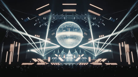 Night club scene with a single giant disco ball reflecting colorful laser beams in all directions,...