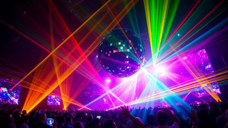 Night club scene with a single giant disco ball reflecting colorful laser beams in all directions,...