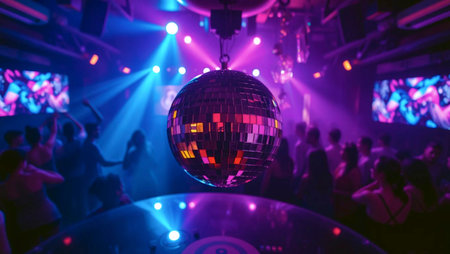 Night club scene with a single giant disco ball reflecting colorful laser beams in all directions,...