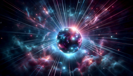 Night club scene with a single giant disco ball reflecting colorful laser beams in all directions,...