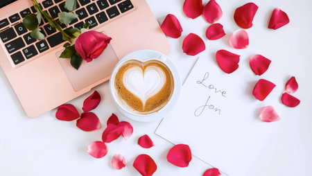 Latte art, laptop with coffee cup, Ai generated image