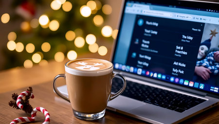 Latte art, laptop with coffee cup, Ai generated imageの写真素材