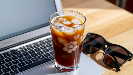 Latte art, laptop with coffee cup, Ai generated imageの写真素材