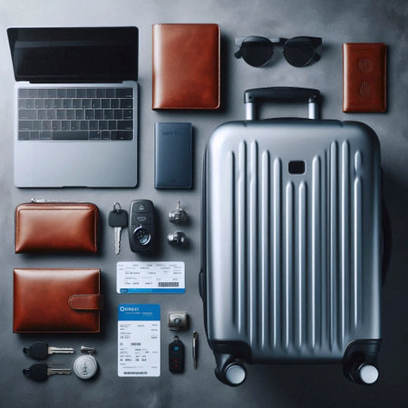 Travel items including luggage, passport and destination tickets, Ai generated image