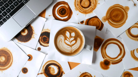 Latte art, laptop with coffee cup, Ai generated imageの写真素材