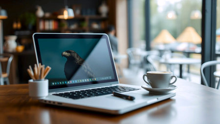 Latte art, laptop with coffee cup, Ai generated image