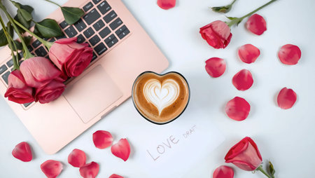 Latte art, laptop with coffee cup, Ai generated image