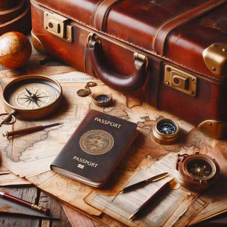 Travel items including luggage, passport and destination tickets, Ai generated image