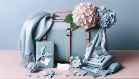 Travel items including luggage, passport and destination tickets, Ai generated imageの写真素材