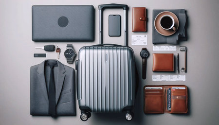 Travel items including luggage, passport and destination tickets, Ai generated imageの写真素材